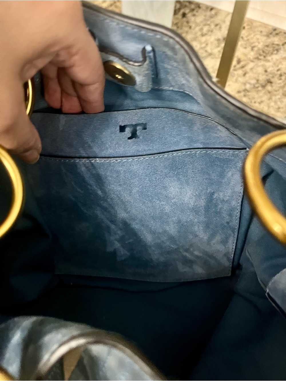 Tory Burch Patchwork suede blue and white Farrah tote - Picture 7 of 16